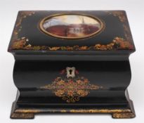 A 19th century papier mache lacquer tea caddy: the hinged lid inset with an oval painted scene of a