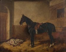 John Alfred Wheeler [1821-1903]- Bay hunter in a stable interior:- signed,