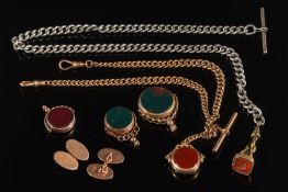 A 9ct gold hollow curb-link watch chain with swivel seal attached:, three loose swivel seals,