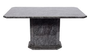 A polished granite pedestal centre table: of rectangular shape with canted angles on a stepped