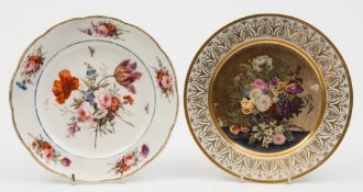 A Nantgarw porcelain botanical plate and an English plate in the French style: the first painted in