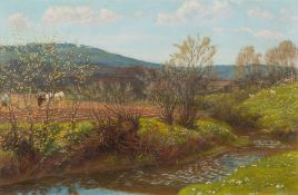 Arthur Hughes [1832-1915]- A bend on the river, lambs on the near bank,