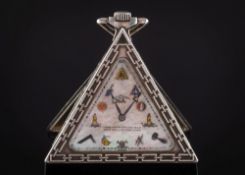 A Masonic silver-cased triangular pocket watch: the rectangular mother of pearl dial with
