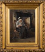 Tom McEwan [1846-1914]- Cottage interior with lady sewing:- signed and dated '80 oil on canvas 44 x