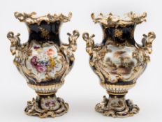 A pair of Coalbrookdale porcelain pedestal vases: each with foliate moulded foot, handles and rim,