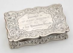 A Victorian silver snuff box, maker Edward Smith, Birmingham, 1852: inscribed,