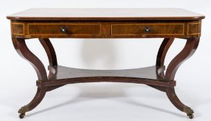 A Regency mahogany and inlaid rectangular library table:, bordered with boxwood and ebony lines,