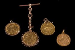 A sovereign dated '1905': mounted within a frame as a pendant with a 9ct gold watch bar attached,
