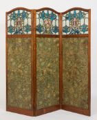 An Art Nouveau walnut frame and decorated three fold screen:,