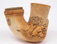 A German carved meerschaum pipe bowl: decorated with hounds attacking a fox in a wooded landscape,