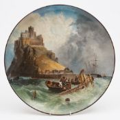 A large Minton pottery circular plaque: decorated by John Evans with a view of St Michaels Mount in
