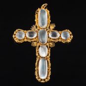 An antique gold and moonstone pendant cross: the canetille filigree gold pendant inset with eight