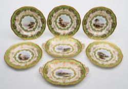 A part Coalport porcelain dessert service: comprising five plates of silver shape and two oval two