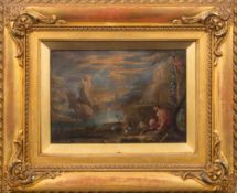 German School 18th Century- A Devil by a lake with classical ruins:- oil on panel 13 x 19cm.