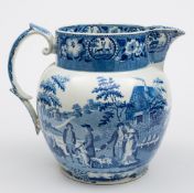 A large pearl glazed transfer decorated jug: in the Beemaster pattern: of typical bellied form with