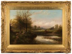 George Henry Jenkins [1843 - 1914]- Cattle and sheep in a Devonshire river landscape:- signed oil