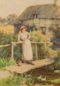 William Affleck [1869-1909]- A Country girl day-dreaming on a footbridge:- signed bottom