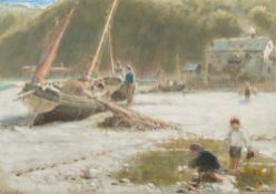 Albert Goodwin [1845-1932]- Clovelly:- signed and inscribed watercolour, pen,