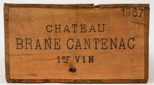 A case of Chateau Brane Cantenac 1967:, OWC, stenciled 'Shoreham' to side of case.