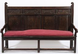 A 17th century oak and inlaid settle:,