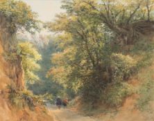Charles Grant Davidson [1824-1902]- Figures on a woodland lane:- watercolour 22 x 28cm.