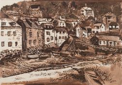 * Fred Yates [1922-2008]- Polperro:- signed YATES bottom right monochrome oil on board 38 x 54cm.