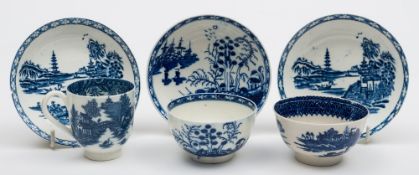 A group of Caughley and Liverpool porcelain: comprising a Caughley tea bowl and saucer painted in
