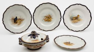 A Royal Worcester porcelain part service: each piece painted with named game birds in landscapes,