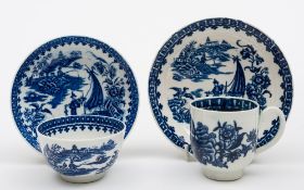 A Worcester First Period porcelain tea bowl and saucer and similar Liverpool cup and saucer: the