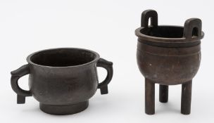 A Chinese inlaid bronze censer and a tripod censer: the first of Shisou type with archaic-style