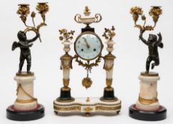A French white marble and bronze clock garniture: the eight-day duration movement striking the