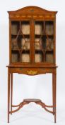 A late 19th Century satinwood and decorated display cabinet:, on serpentine fronted stand,