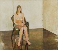 * Jane Lacey [20th Century] - Nude in a studio interior, full-length seated: oil on board,