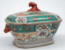 A Chinese Export octagonal tureen and cover: with boar's head handles and foliate finial,