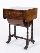 An early 19th century mahogany drop flap work table:, the hinged top with rounded corners,