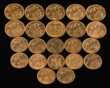 Ten sovereigns and twelve half-sovereigns:, various makers and dates.