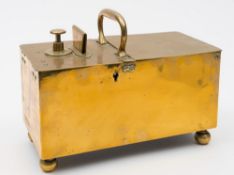 A 19th century brass honesty tobacco box: of rectangular outline with double hinged top,