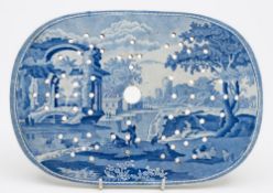 Four Spode pottery transfer decorated blue and white strainers: of oval form in the Bridge at