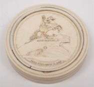 A 19th century Russian ivory box and cover: the circular lid carved in low relief depicting the