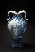 A rare Vauxhall blue and white vase: of ogee form with foliate scrolled handles,