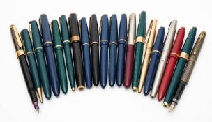 A collection of Parker Fountain pens:, including 'Slimfold', 'Duofold', '17' and others.