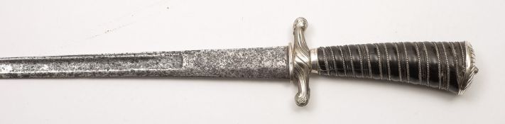 A 19th century Continental silver hilt hunting sword: the straight single edged flat back blade