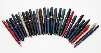 A collection of Parker Fountain pens:, including 'Slimfold', 'Duofold', '17' and others.