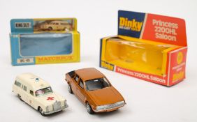 A Dinky 123 Princess 2200HL saloon and a matchbox K-6 Mercedes Benz Binz Ambulance:,