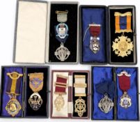 A group of ten various silver, silver gilt and enamel Masonic and Lodge jewels:.