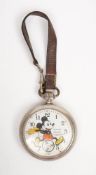 An Ingersoll nickel plated Mickey Mouse open face pocket watch:,