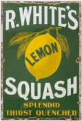 An enamel advertising sign for 'R Whites Lemon Squash':, white and yellow on a green reserve,