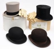 A grey top hat and two bowler hats by Lock & Co, London,