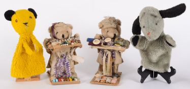 A pair of Teddy pedlar bears: each with a tray of wares of sewing accoutrements, 22cm.