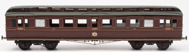 A good scratch built First Class passenger carriage in LMS livery:,gold coach lines on maroon body,